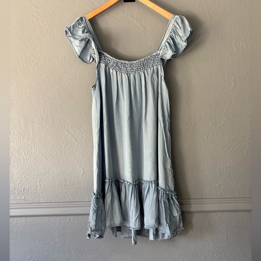 She + Sky | Chambray Ruffle Dress | Light Distressing | L 👗✨ - Picture 1 of 12
